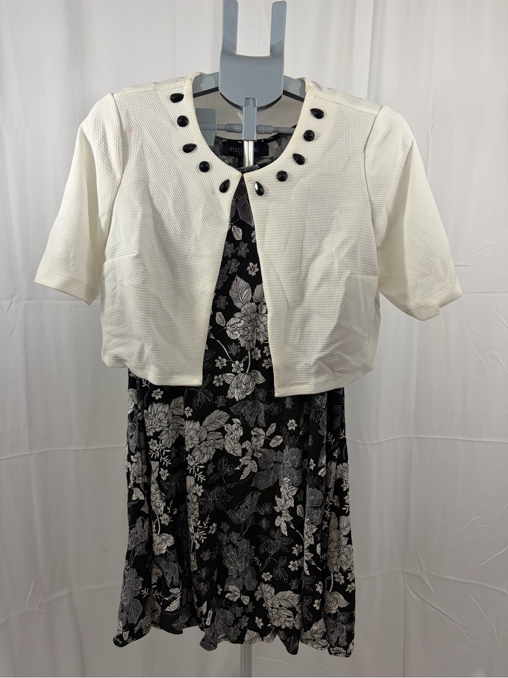 NWT Perceptions Women's Size PL Black & White Floral Dress with Ivory Jacket
